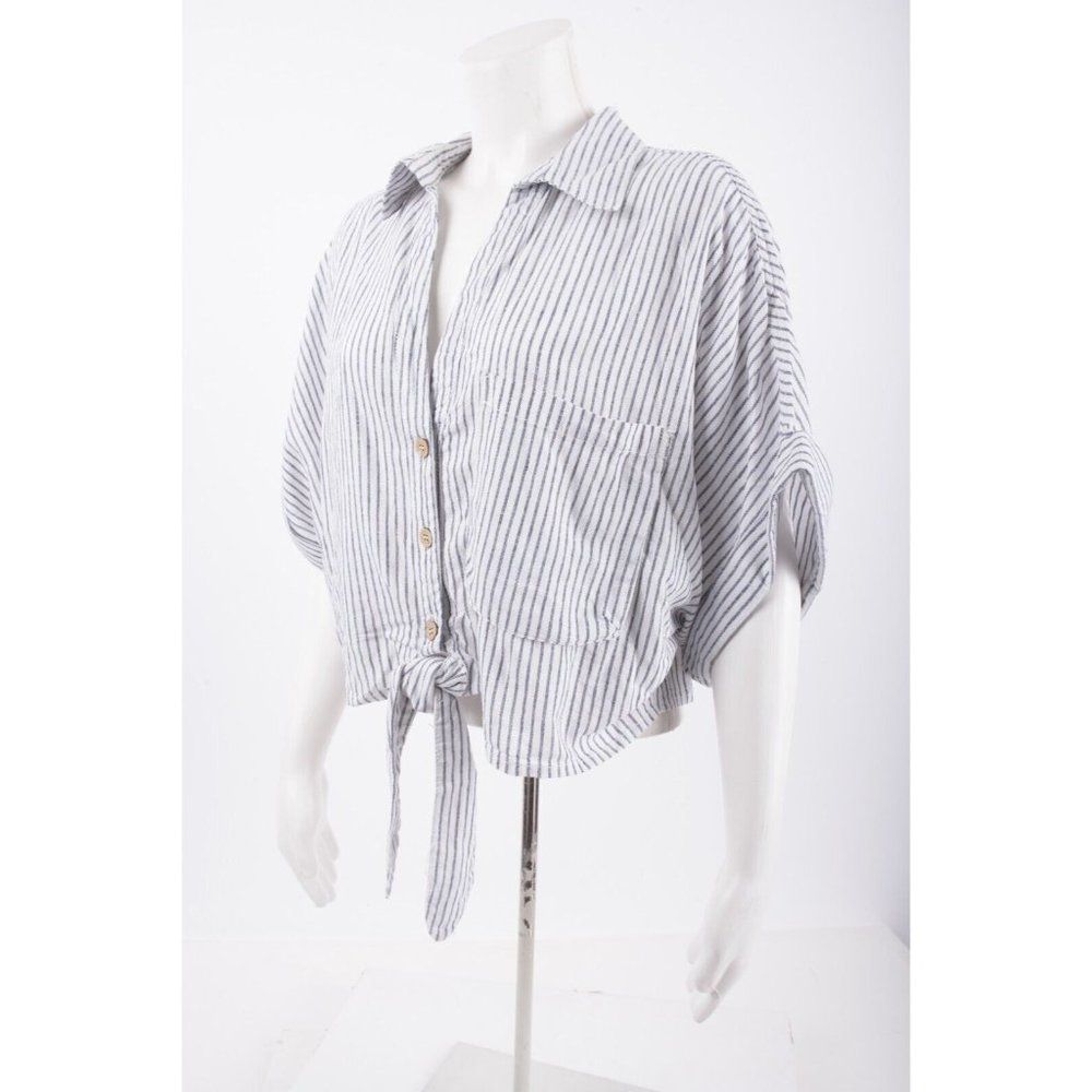 Zara Womens Knotted Blouse Top L White Gray Striped Button Front 2949/027 NWT - Picture 4 of 6